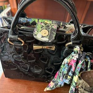 Betsey Johnson Patent Embossed Heart Bag with Floral Scarf
